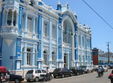 blue and white facede of a building in natal, brazil