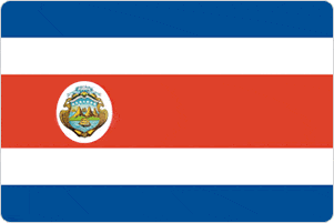 costa rica flag with 2 blue 2 white and one red stripe with the emblem on the left side