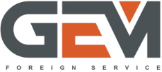 GEM foreign service logo in grey and orange colors on the white background