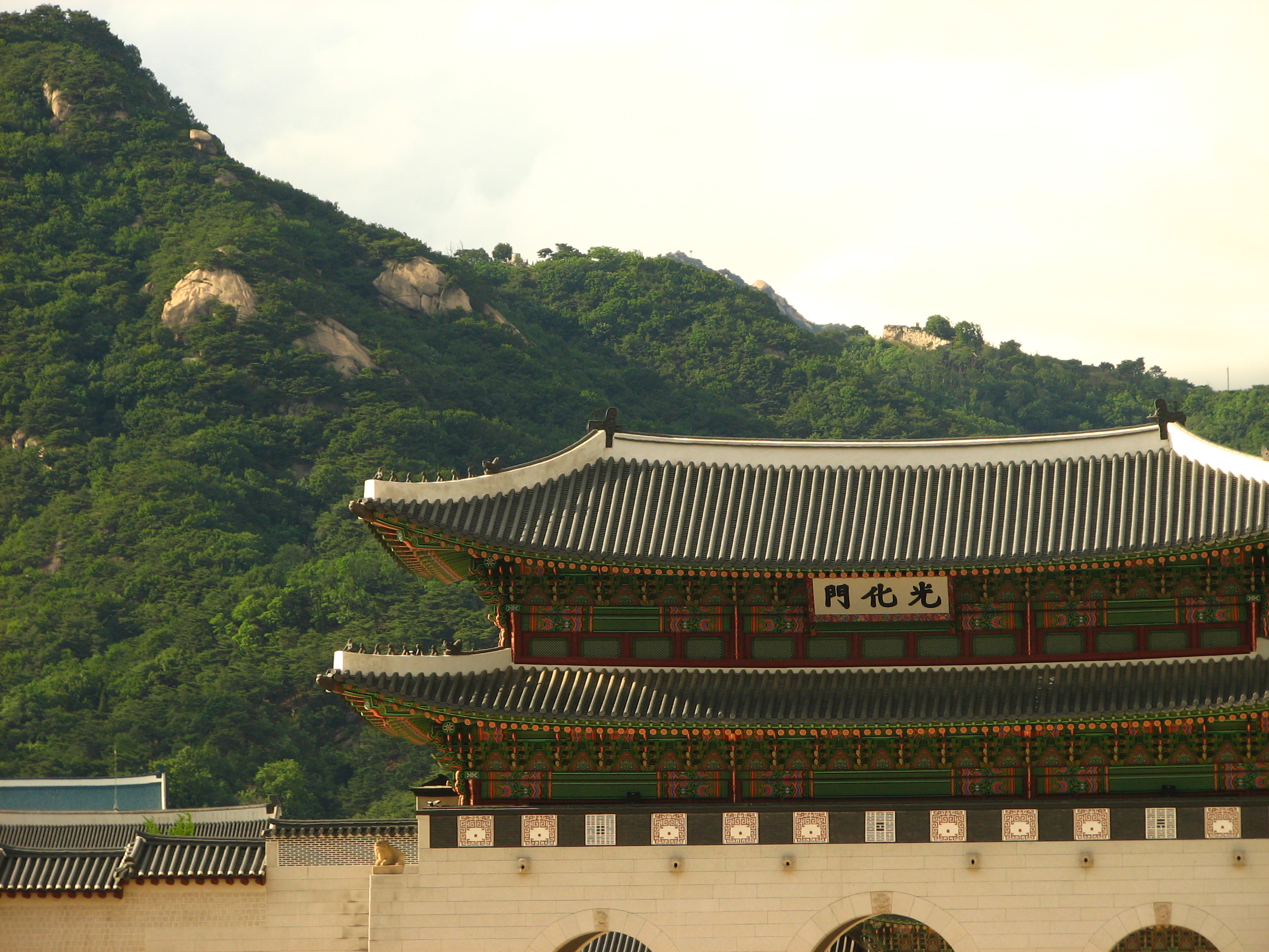 a part of a chinese ancient building roof and a green mountain behind it
